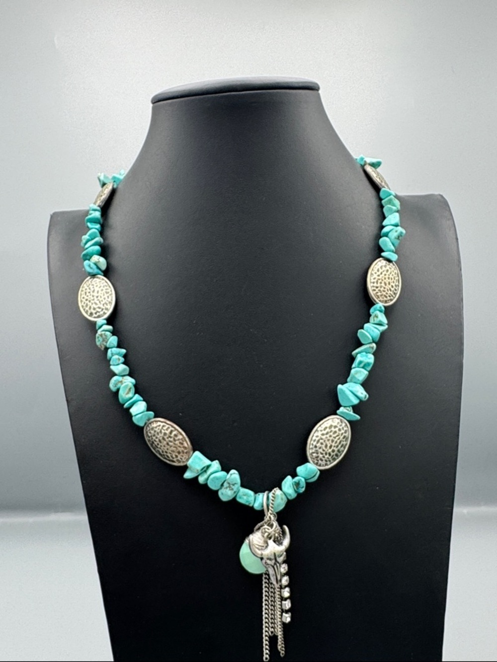 Turquoise Chip Bead Necklace with Silver Tone Accents